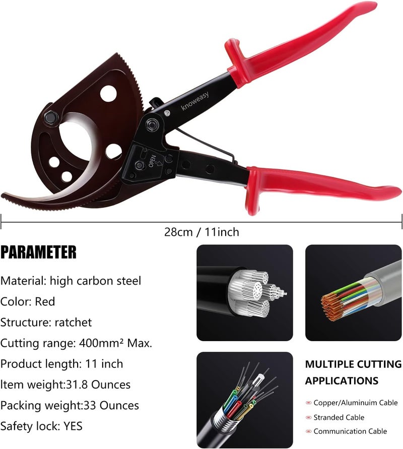 knoweasy Store Cable Cutter and Ratchet Wire Cutter - Cuts Through Aluminum and Multi-Core Cables up to 400mm² with Precision and Ease, Ideal for Electrical Installations - Image 2